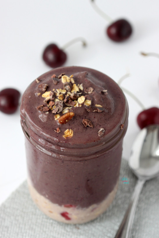 Chocolate Cherry Protein Parfait (using Vega chocolate proteins)