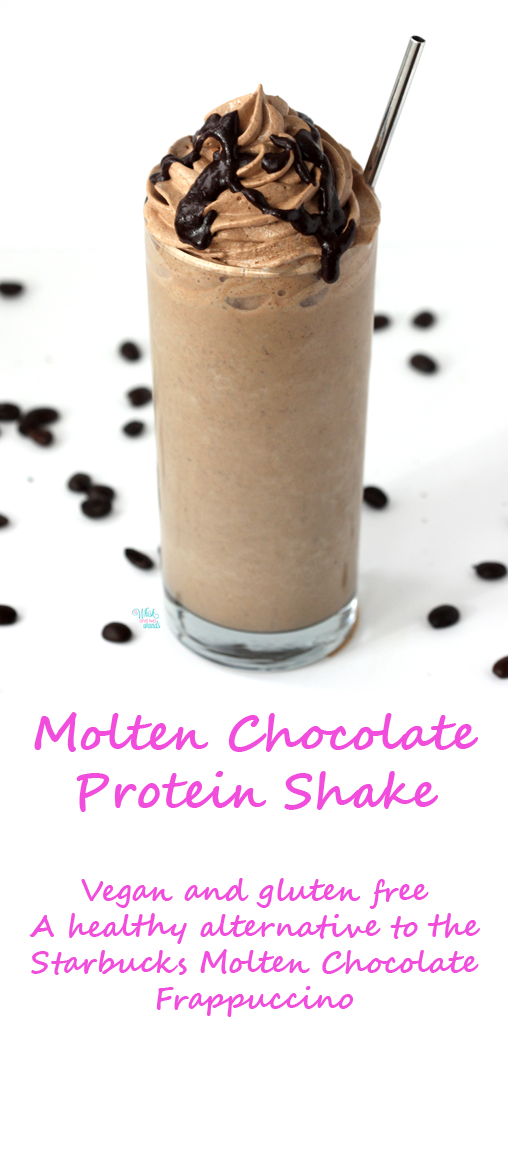 Molten Chocolate Protein Shake A delicious healthy alternative to the Starbucks Molten Chocolate Frappuccino that just happens to be vegan and gluten free! This mocha protein shake is blended with cacao nibs (or can use chocolate chips), add an optional 2 shots of espresso, topped with a espresso mocha infused coconut whipped cream and an espresso mocha chocolate drizzle! 