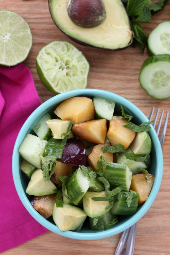 Plum Avocado Cucumber Salad, with honey and mint (gluten free, vegan friendly)