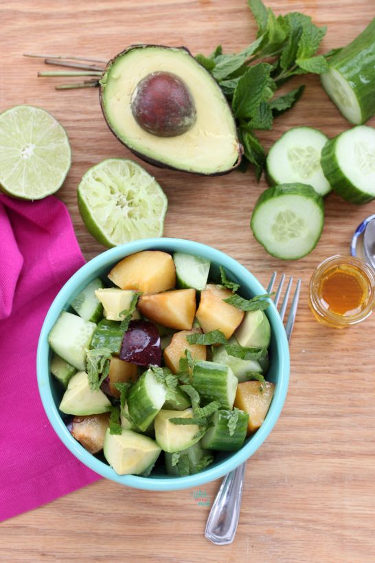 Plum Avocado Cucumber Salad, with honey and mint (gluten free, vegan friendly)