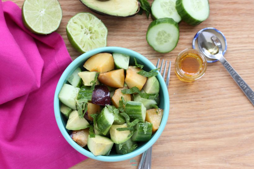 Plum Avocado Cucumber Salad, with honey and mint (gluten free, vegan friendly)