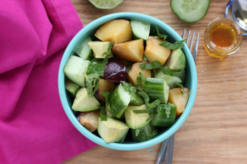 Plum Avocado Cucumber Salad, with honey and mint (gluten free, vegan friendly)