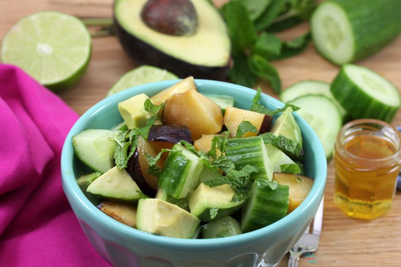 Plum Avocado Cucumber Salad, with honey and mint (gluten free, vegan friendly)