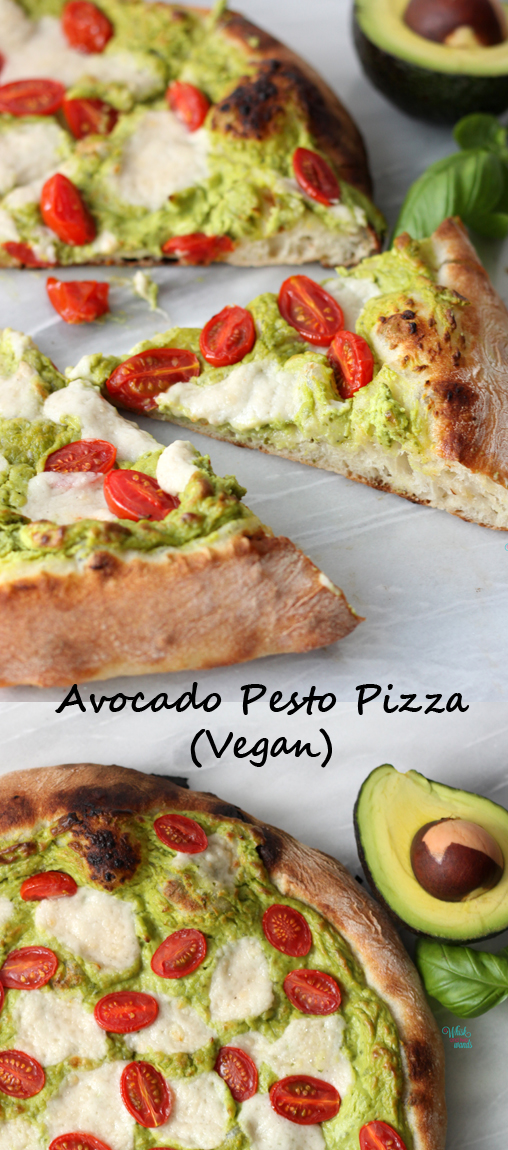 Homemade Neapolitan pizza crust topped with creamy avocado pesto, dairy free/vegan fresh mozzarella cheese, and tomatoes! 