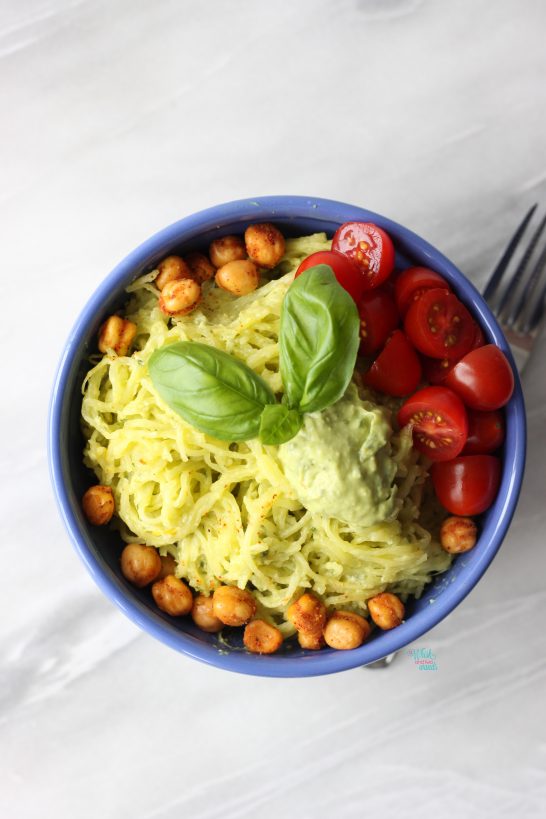 Avocado Pesto Spaghetti Squash with crunchy habenero roasted chickpeas and tomatoes. (gluten free, vegan, paleo)