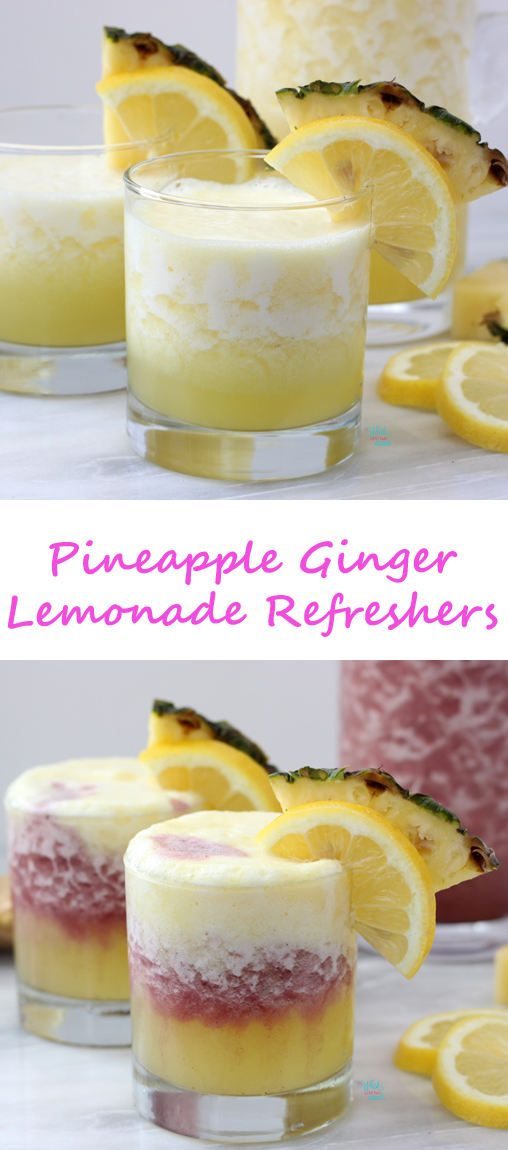 Quick and easy Pineapple Ginger Lemonade Refreshers are perfect for sunny summer day! Superfood maqui version and cocktail version are also a delicious option! 