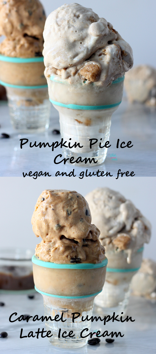 Delicious easy o make, no machine required, pumpkin ice creams! Pumpkin Pie Ice Cream and Caramel Pumpkin Latte Ice Cream, dairy free, gluten free, and vegan! 