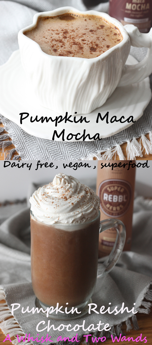 Swap your PSL for an easy to make healthy superfood packed Pumpkin Maca Mocha or Pumpkin Reishi Chocolate. Hot or cold they're both delicious! Vegan, gluten free, dairy free. 