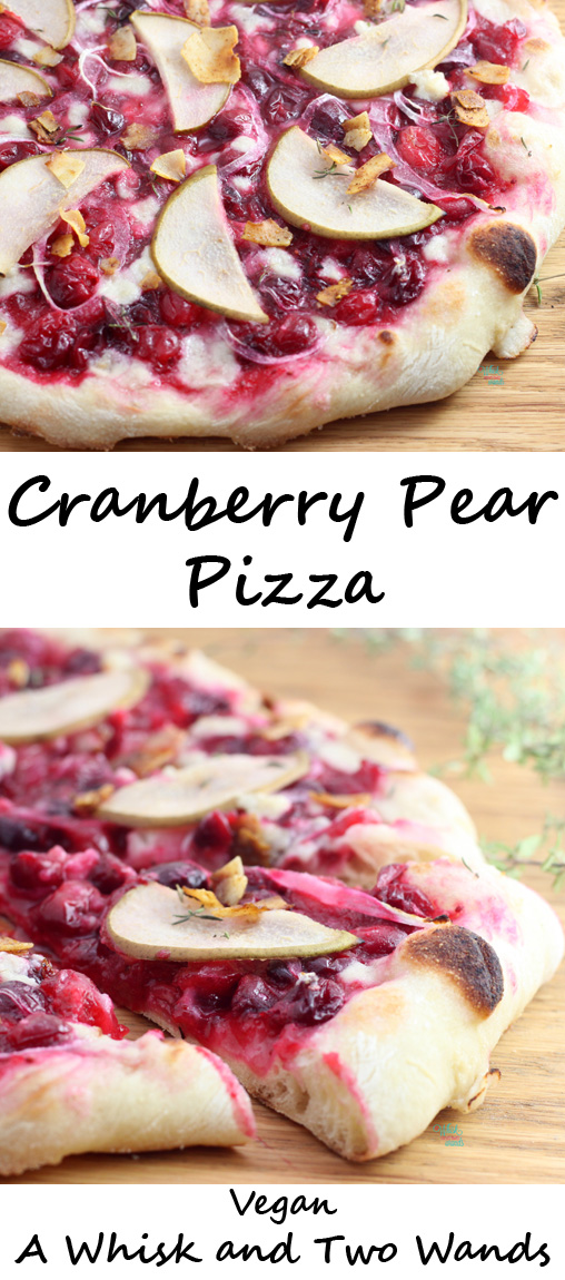 Flavorful fall Neapolitan crust pizza packed with antioxidant rich cranberries, pears, creamy (vegan) mozzarella, and optional coconut bacon! 