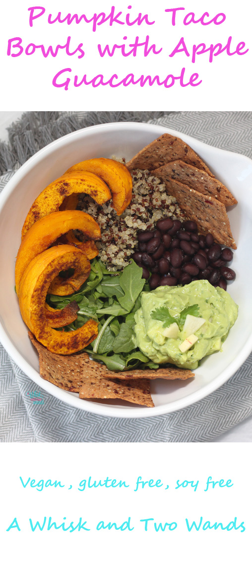 The taco bowl gets an update for fall with roasted pumpkin, apple guacamole, and sprouted Cranberry Pumpkin Tortilla Chips! Gluten free, vegan, soy free. 