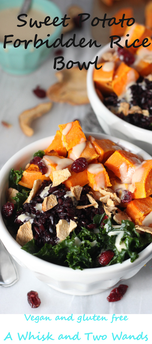 Healthy nutrition packed Buddha rice bowl. Soft silky kale, Forbidden black rice, roasted sweet potatoes, dried cranberries and apples, drizzled with maple tahini dressing! Gluten free, vegan, easy to make ahead, and a quick dinner. 