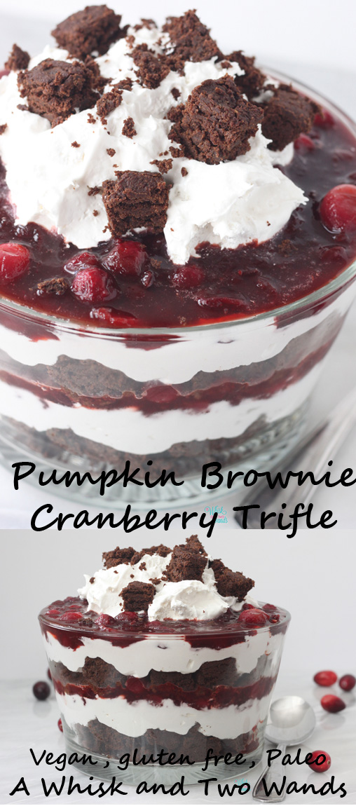 Delicious Pumpkin Brownie Cranberry Trifle is a perfect dessert for the holidays! Vegan, gluten free, soy free, dairy free, egg free, and paleo