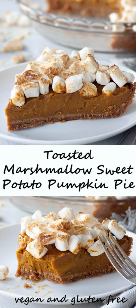 Nothing screams Thanksgiving like Toasted Marshmallow Sweet Potato Pumpkin Pie! (vegan, dairy free, egg free, nut free, and gluten free friendly)