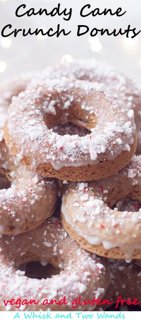 Candy Cane Crunch Donuts are delicious vegan (gluten free friendly) donuts that are perfect for Christmas morning or warming up with and a cup of coffee/cocoa after playing in the snow! 