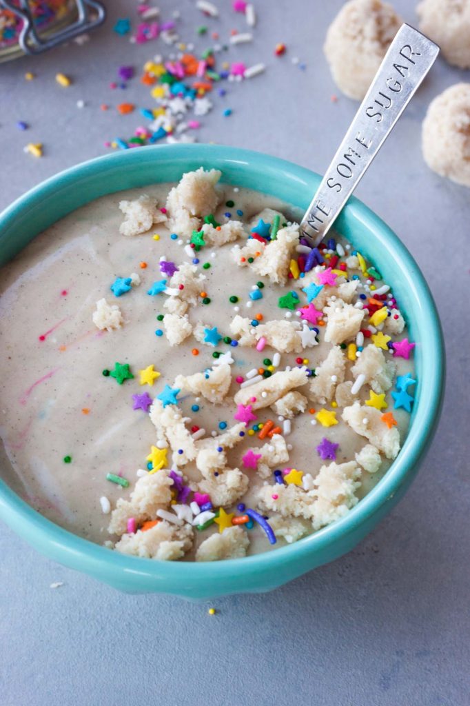 A Whisk and Two Wands Funfetti No Cake Protein Smoothie Bowl