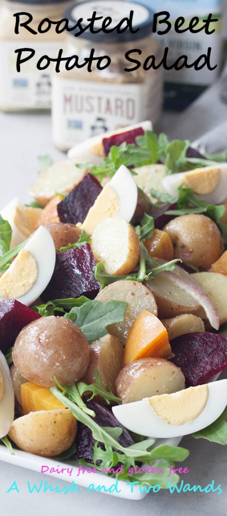 Roasted Beet Potato Salad isn't your grannys potato salad, this colorful salad has spunk, added nutrition, and it's own beet. A Whisk and Two Wands