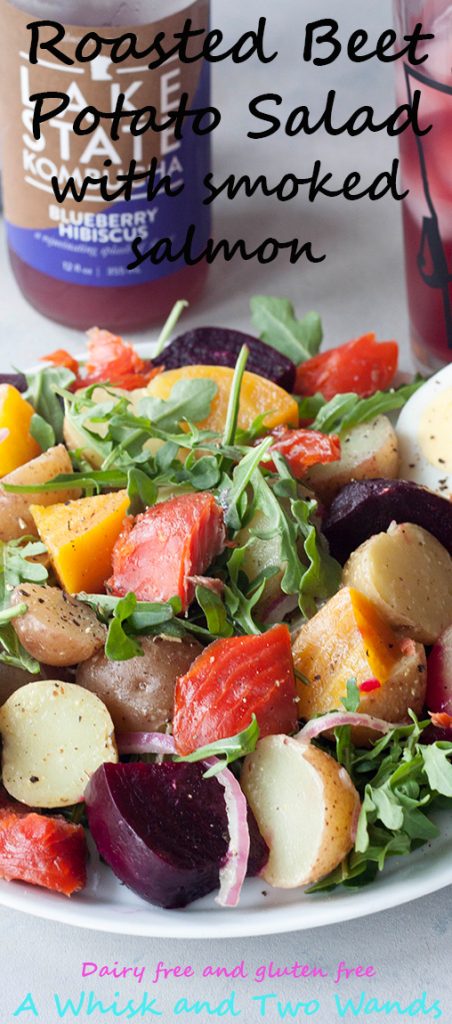 Roasted Beet Potato Salad isn't your grannys potato salad, this colorful salad has spunk, added nutrition, and it's own beet. This verision with added smoked salmon. A Whisk and Two Wands