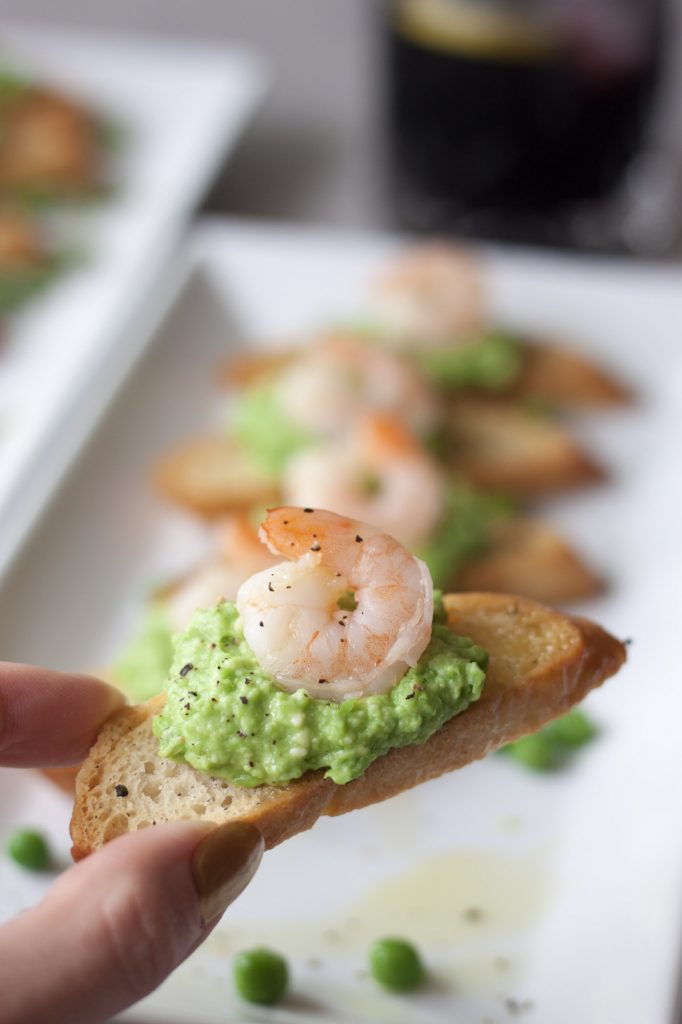 Crostini with Fresh Pea Pesto with shrimp , A Whisk and Two Wands