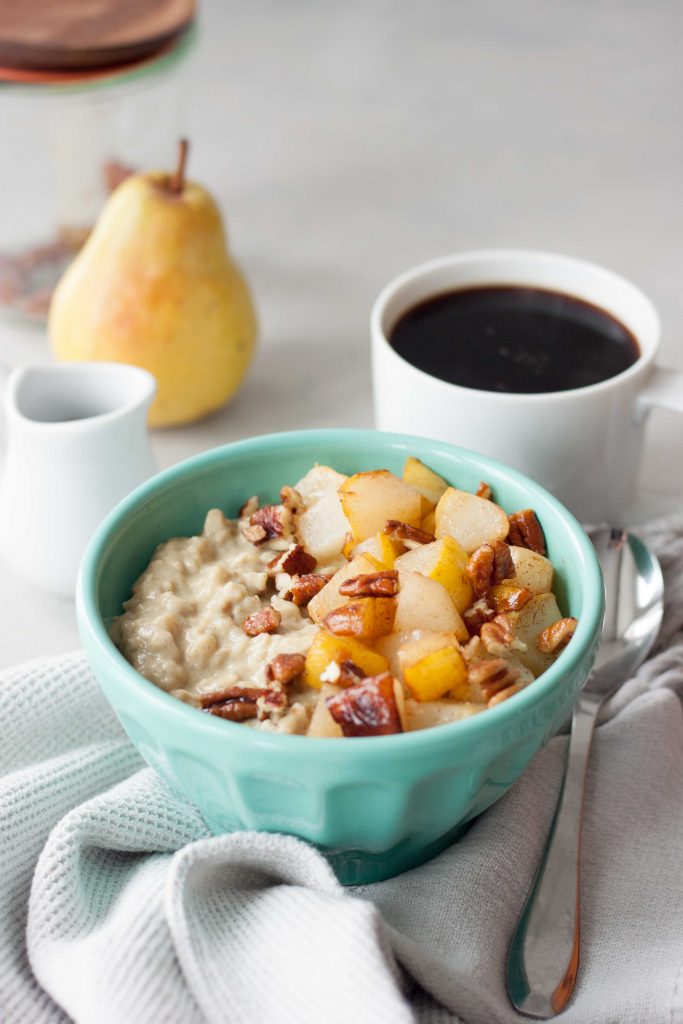 Creamy comforting bowl of Maca Maple Oatmeal will fuel you up for whatever you have planned for the day. Packed with plantbased protein, nutrtion, and superfood boost this simply sweet combination is a great way to start the day. Sauteed pears or camalized bananas with Candied Maple Pecans are favorite topping choices but the options are endless. Gluten free and vegan friendly.