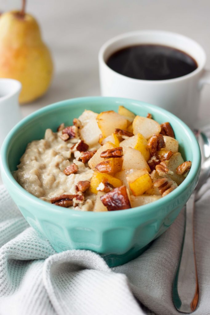 Creamy comforting bowl of Maca Maple Oatmeal will fuel you up for whatever you have planned for the day. Packed with plantbased protein, nutrtion, and superfood boost this simply sweet combination is a great way to start the day. Sauteed pears or camalized bananas with Candied Maple Pecans are favorite topping choices but the options are endless. Gluten free and vegan friendly.