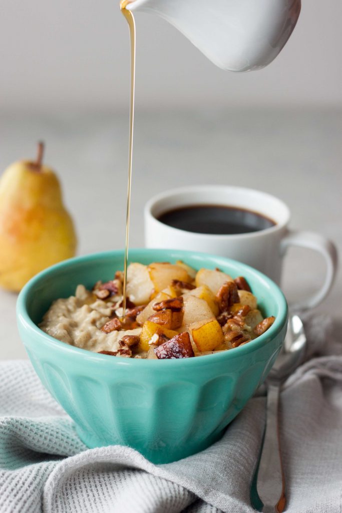 Creamy comforting bowl of Maca Maple Oatmeal will fuel you up for whatever you have planned for the day. Packed with plantbased protein, nutrtion, and superfood boost this simply sweet combination is a great way to start the day. Sauteed pears or camalized bananas with Candied Maple Pecans are favorite topping choices but the options are endless. Gluten free and vegan friendly.