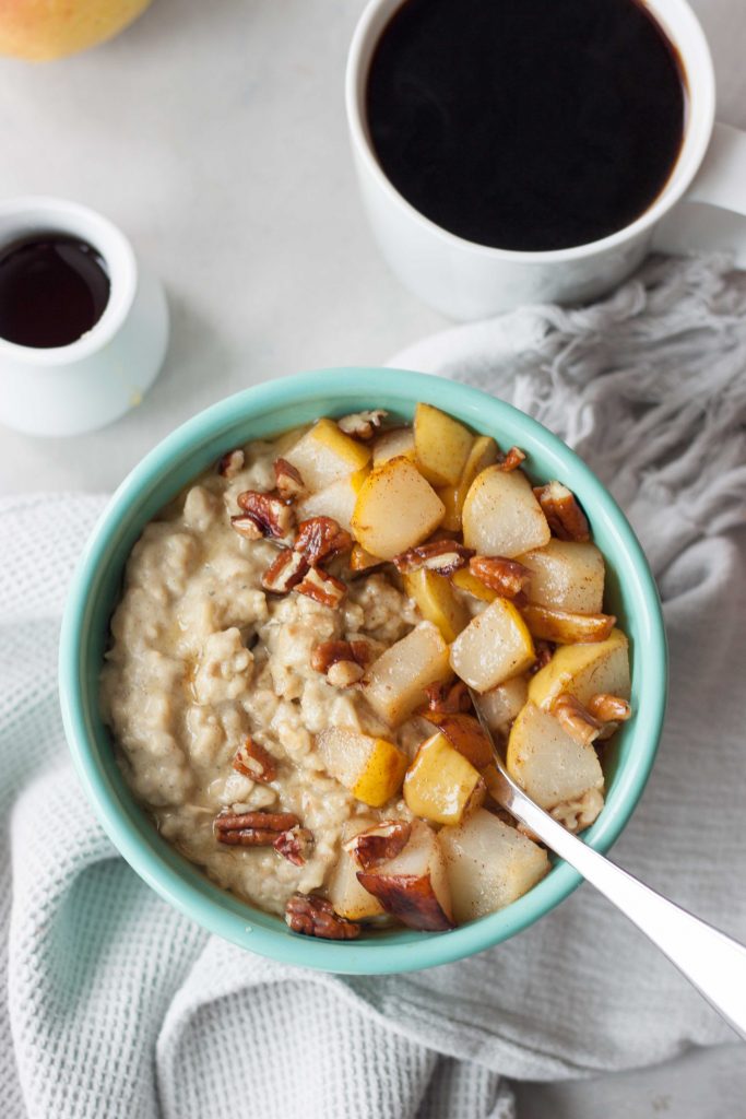 Creamy comforting bowl of Maca Maple Oatmeal will fuel you up for whatever you have planned for the day. Packed with plantbased protein, nutrtion, and superfood boost this simply sweet combination is a great way to start the day. Sauteed pears or camalized bananas with Candied Maple Pecans are favorite topping choices but the options are endless. Gluten free and vegan friendly.