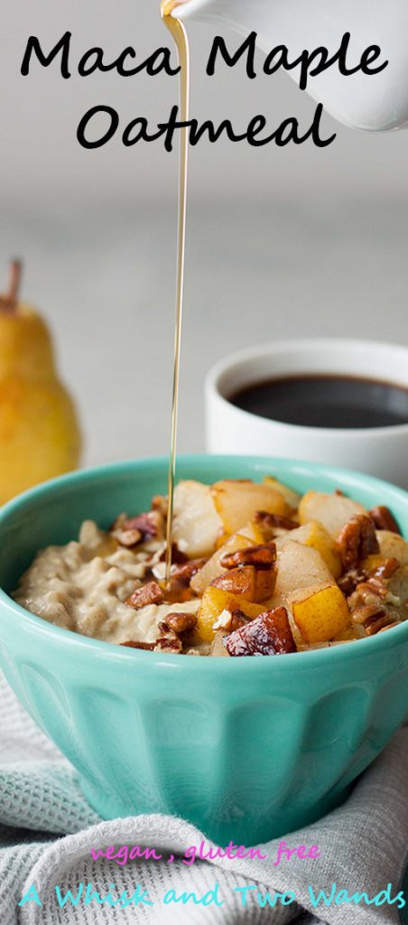 Creamy comforting bowl of Maca Maple Oatmeal will fuel you up for whatever you have planned for the day. Packed with plantbased protein, nutrtion, and superfood boost this simply sweet combination is a great way to start the day. Sauteed pears or camalized bananas with Candied Maple Pecans are favorite topping choices but the options are endless. Gluten free and vegan friendly.