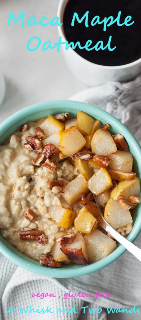 Creamy comforting bowl of Maca Maple Oatmeal will fuel you up for whatever you have planned for the day. Packed with plantbased protein, nutrtion, and superfood boost this simply sweet combination is a great way to start the day. Sauteed pears or camalized bananas with Candied Maple Pecans are favorite topping choices but the options are endless. Gluten free and vegan friendly.