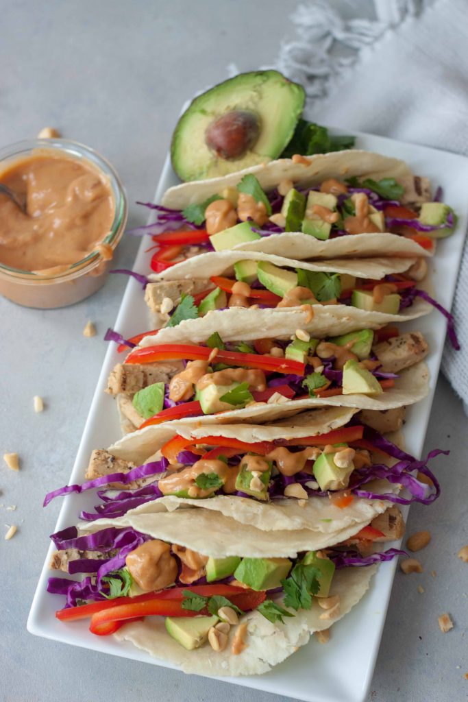 Plate of Vegan Thai Tacos with Thai Peanut Butter Sauce