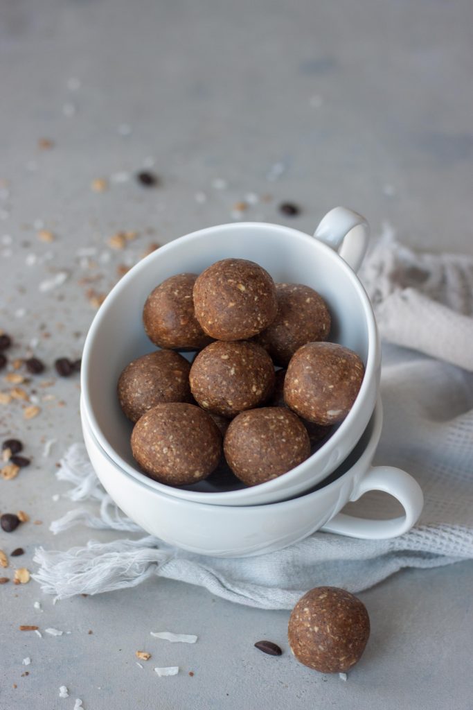 Coffee cup with snack Cocoa & Coffee Coconut Bliss Bites