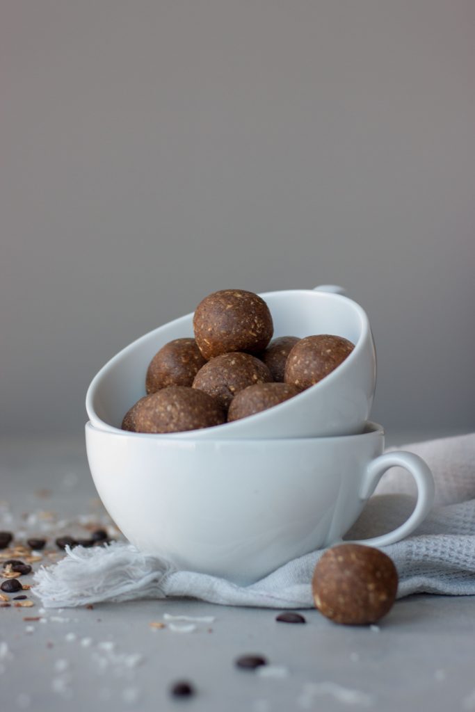 Coffee cup with snack Cocoa & Coffee Coconut Bliss Bites