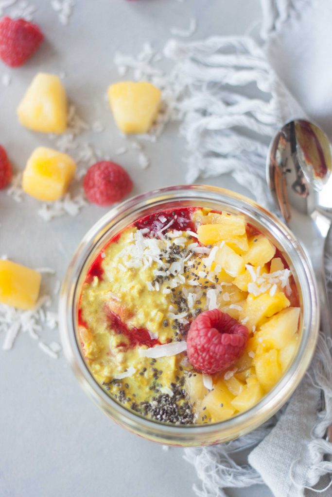 pineapple, berries, overnight oats