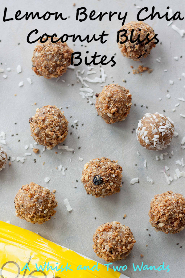 Quick and easy Lemon Berry Chia Coconut Bliss Bites made with only 5 ingredients! These delicious gluten free, dairy free bites are perfect for a quick snack and provide quick energy with dates but healthy fats make them satisfying and filling!