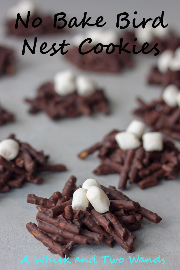 Fun twist on classic No Bake Bird Nest Cookies making them with chocolate, peanut butter, pretzels, adding a little healthy nutrition with chia seeds, and topping with marshmallows! These Easter, or springtime, cookies are vegan and allergen friendly.