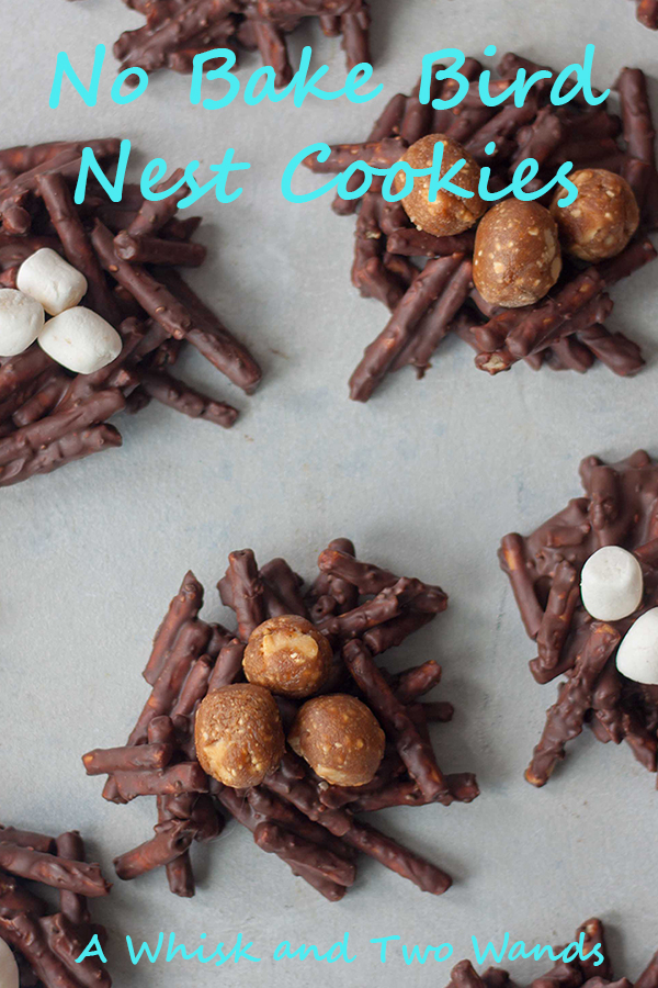 Fun twist on classic No Bake Bird Nest Cookies making them with chocolate, peanut butter, pretzels, adding a little healthy nutrition with chia seeds, and topping with marshmallows or protein bar balls! These Easter, or springtime, cookies are vegan and allergen friendly.