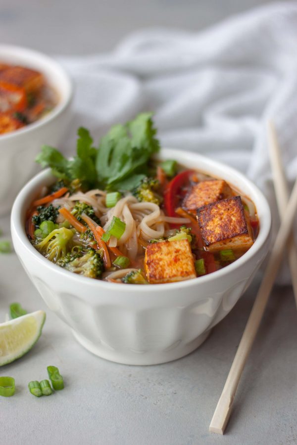 Chopsticks, bowl, noodles, Pad Thai Soup with Spicy Sriracha Tofu