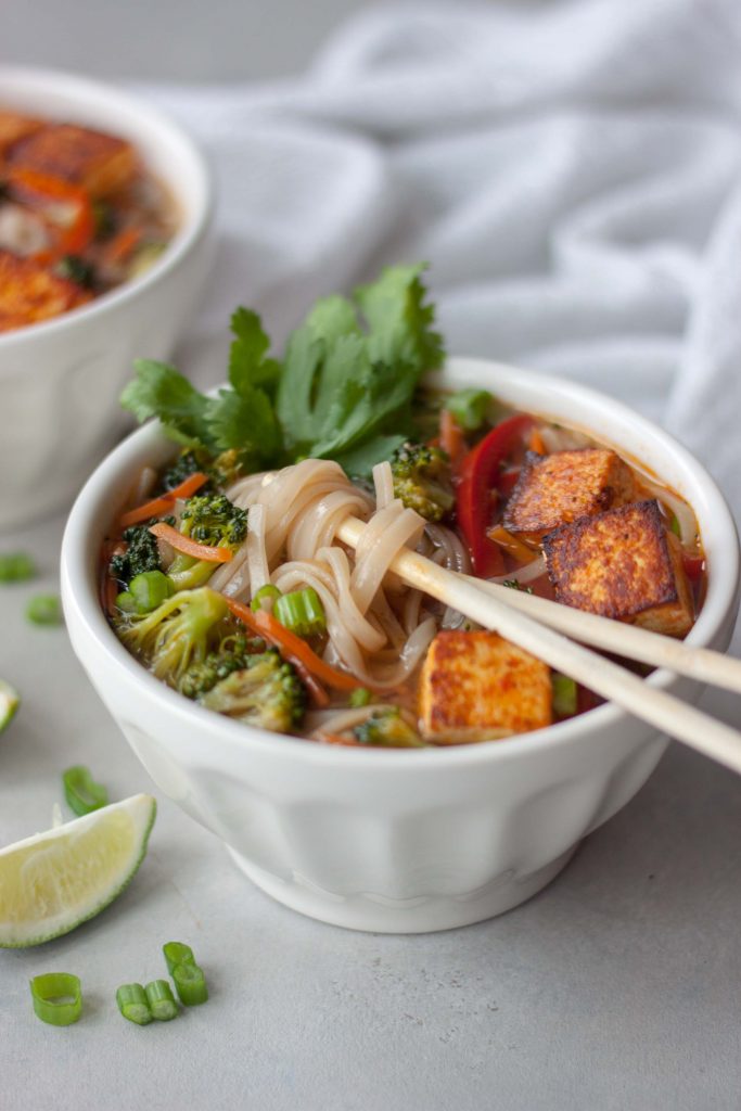 Chopsticks, bowl, noodles, Pad Thai Soup with Spicy Sriracha Tofu