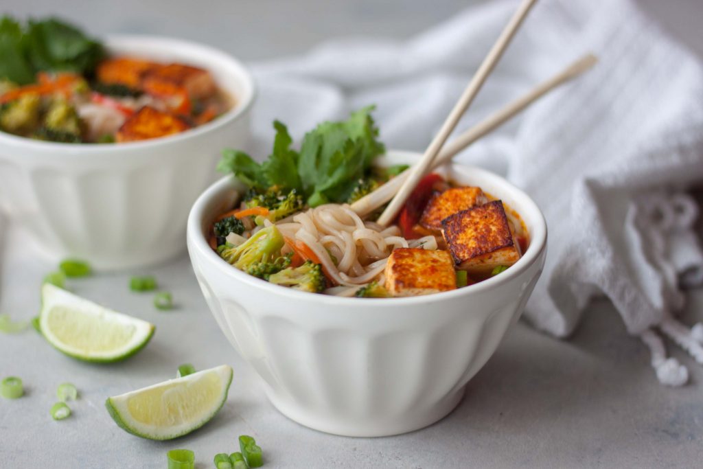 Chopsticks, bowl, noodles, Pad Thai Soup with Spicy Sriracha Tofu