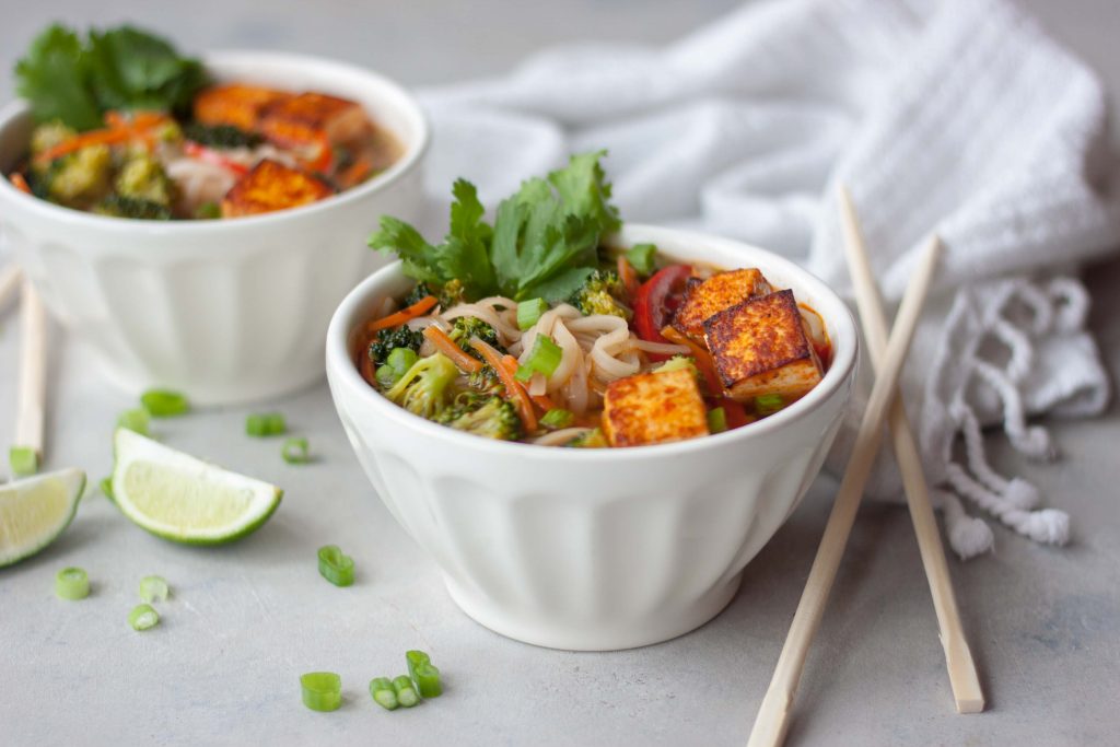 Chopsticks, bowl, noodles, Pad Thai Soup with Spicy Sriracha Tofu