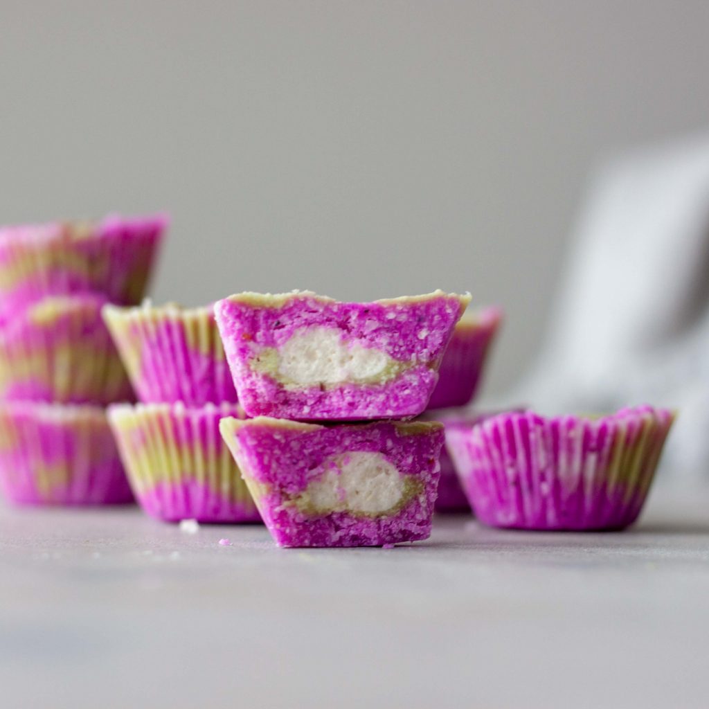 Pitaya Matcha Swirled Marshmallow Coconut Cups