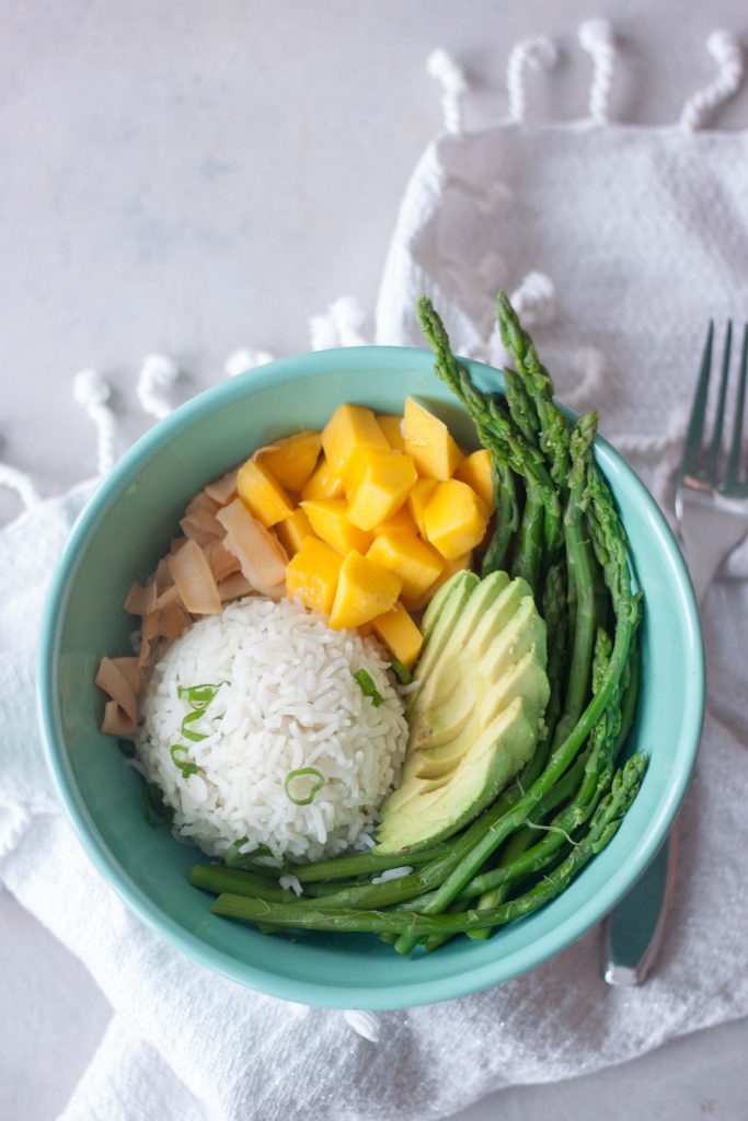 Asparagus, Avocado, Mango, Coconut, Rice in Bowl