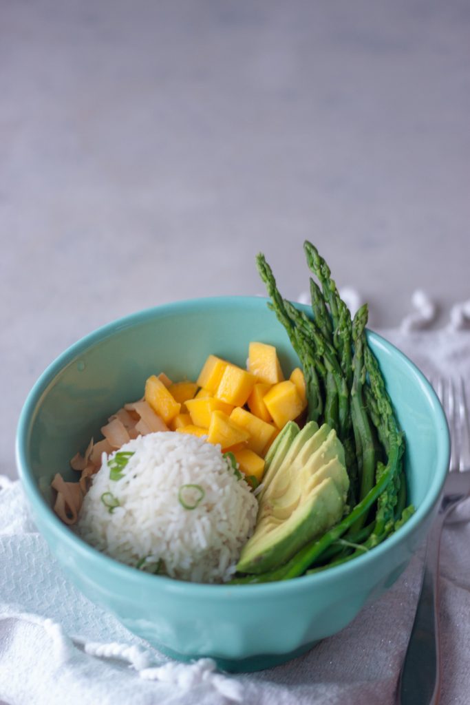 Asparagus, Avocado, Mango, Coconut, Rice in Bowl