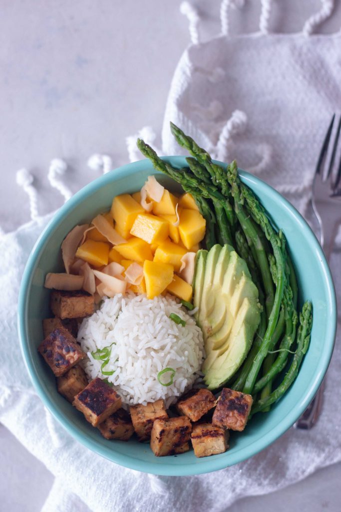 Asparagus Avocado Mango Rice Bowl with hempeh (tempeh with hemp seeds).