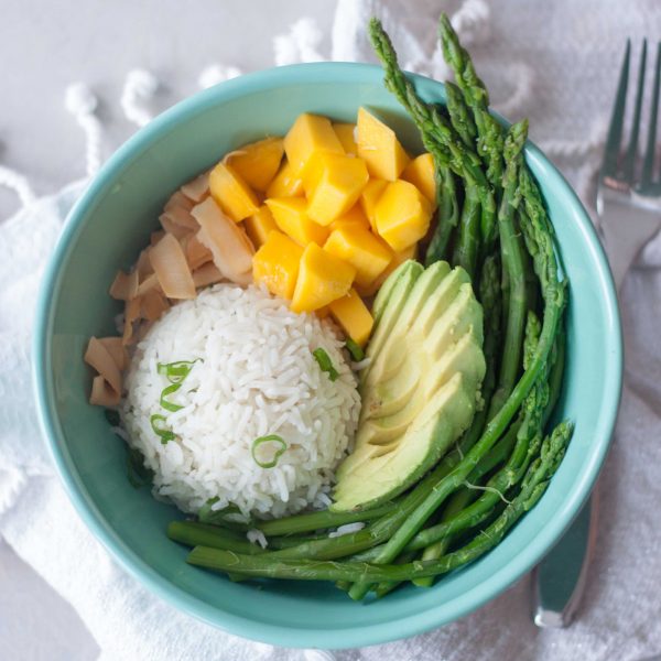 Asparagus, Avocado, Mango, Coconut, Rice in Bowl