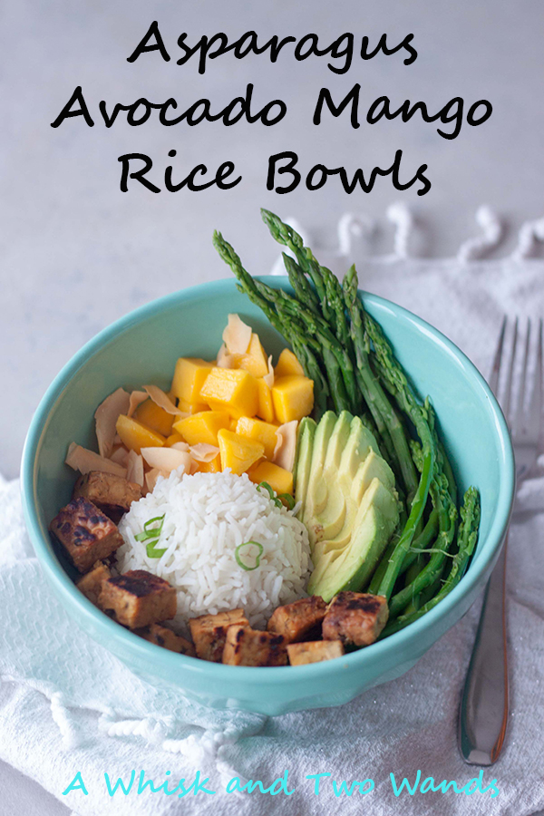 Asparagus Avocado Mango Rice Bowl with hempeh (tempeh with hemp seeds).