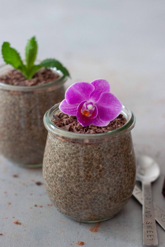 chia pudding with chocolate chai and flower