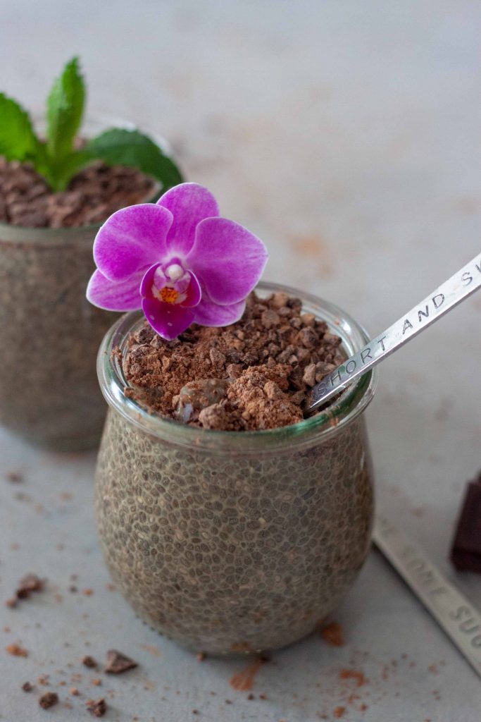 Jar with chia pudding, chocolate, chai, flower and spoon