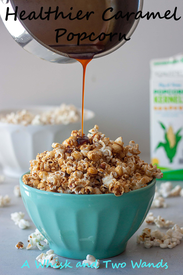 Healthier Caramel Popcorn, drizzling caramel