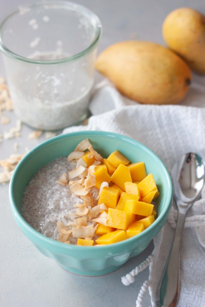 Mango Coconut Chia Rice Pudding with toasted coconut