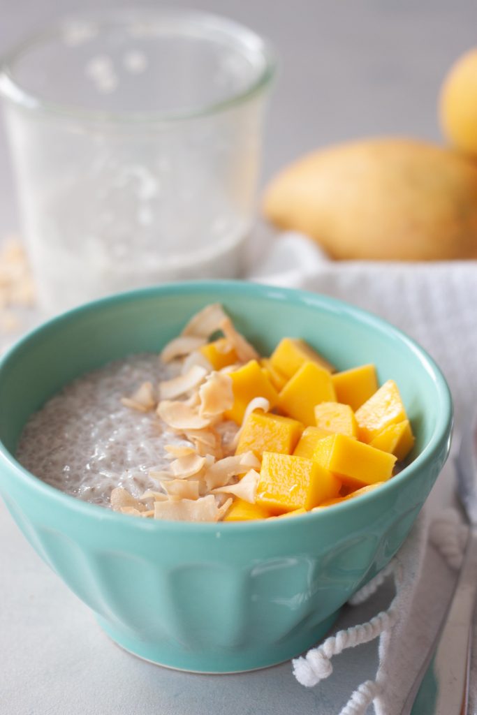 Mango Coconut Chia Rice Pudding with toasted coconut